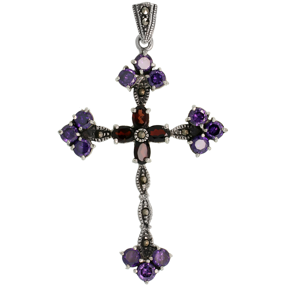 STERLING SILVER MARCASITE FLORAL CROSS PENDANT, W/ OVAL CUT GARNET COLOR & BRILLIANT CUT AMETHYST CZ STONES, 2 3/8" (60 MM) TALL