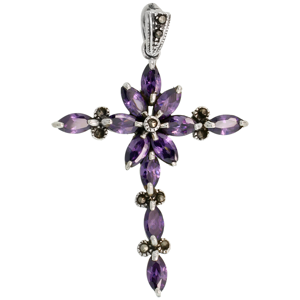 STERLING SILVER MARCASITE FLORAL CROSS PENDANT, W/ MARQUISE CUT 8X4 MM AMETHYST CZ STONES, 1 15/16" (49 MM) TALL