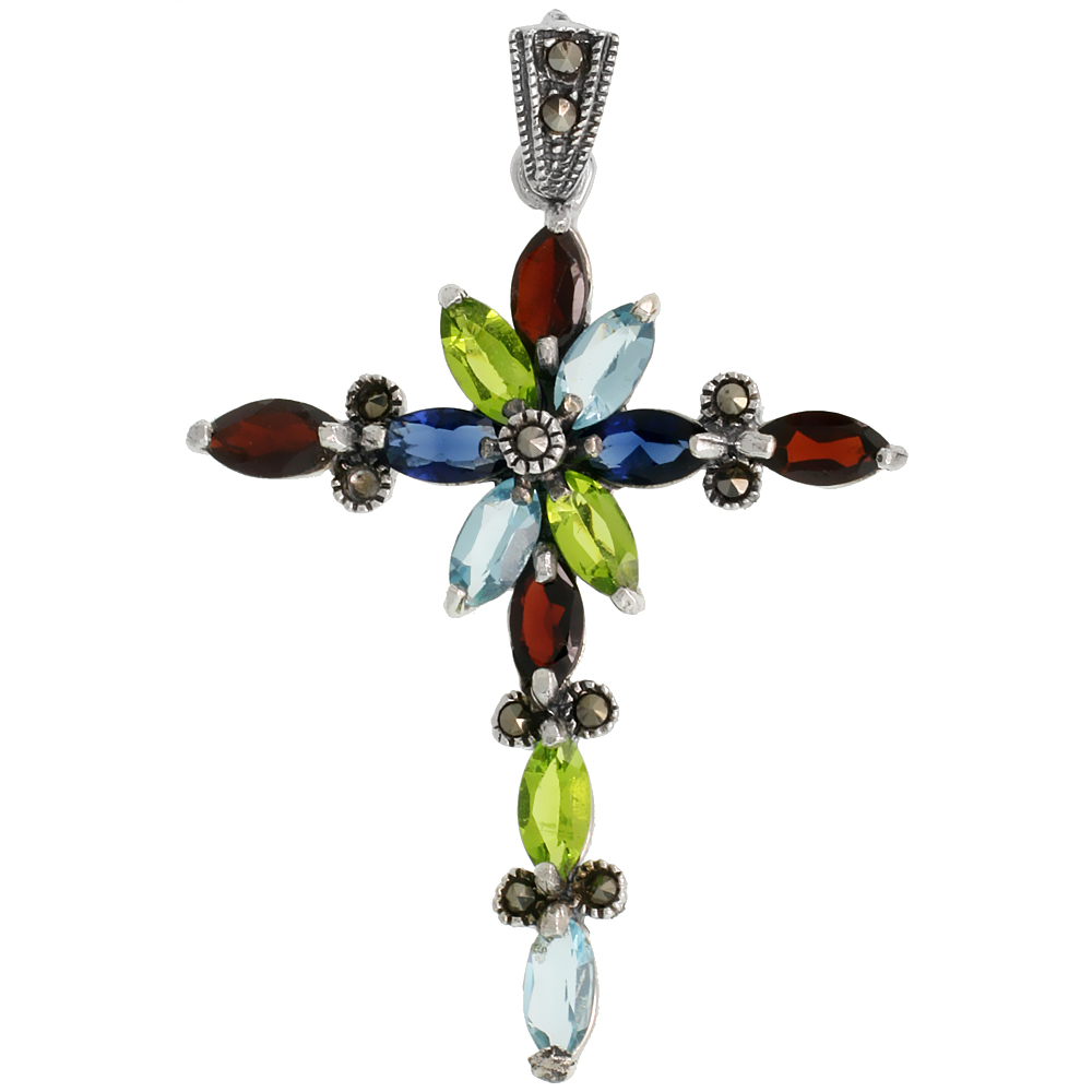 STERLING SILVER MARCASITE FLORAL CROSS PENDANT, W/ MARQUISE CUT 8X4 MM MULTI CZ STONES, 1 15/16" (49 MM) TALL