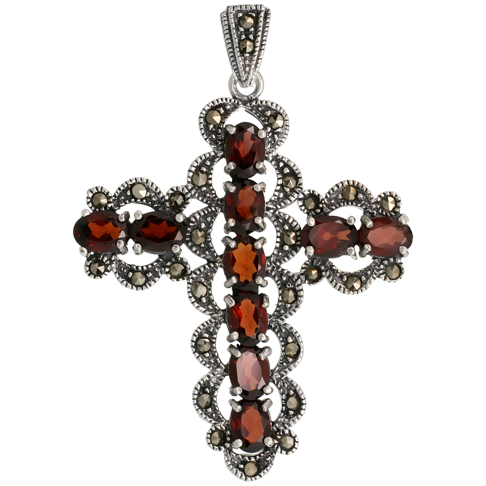 STERLING SILVER MARCASITE CURVY CROSS PENDANT, W/ OVAL CUT 7X5 MM GARNET STONES, 2" (50 MM) TALL