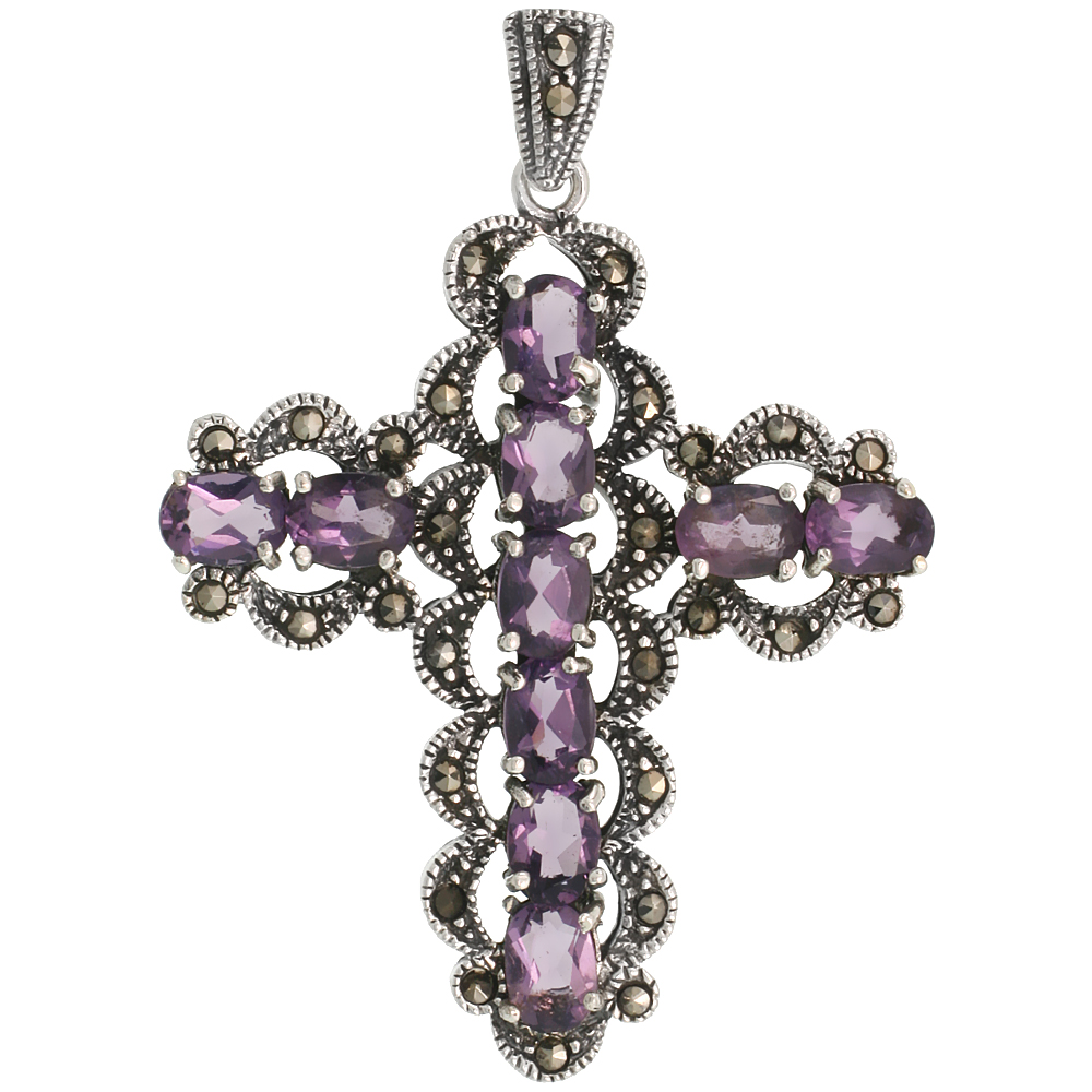 STERLING SILVER MARCASITE CURVY CROSS PENDANT, W/ OVAL CUT 7X5 MM AMETHYST CZ STONES, 2" (50 MM) TALL