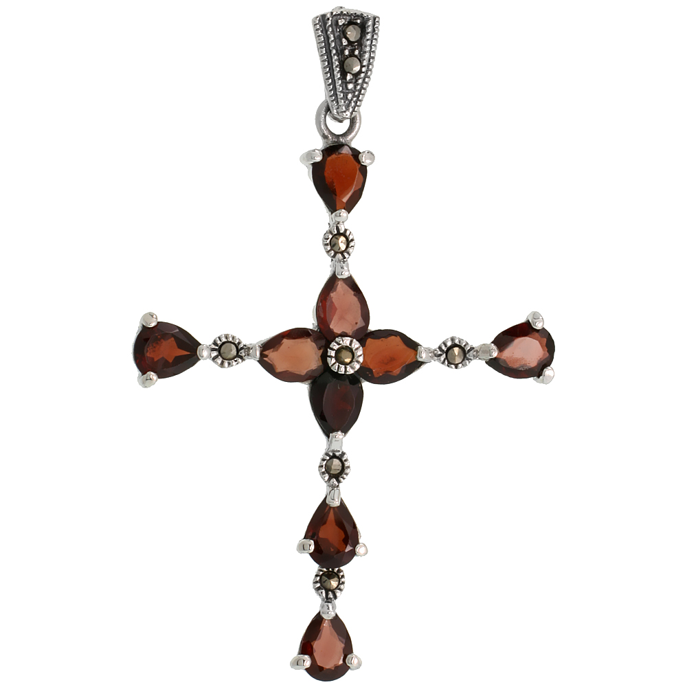 STERLING SILVER MARCASITE FLORAL CROSS PENDANT, W/ PEAR CUT 7X5 MM GARNET STONES, 2 1/8" (54 MM) TALL