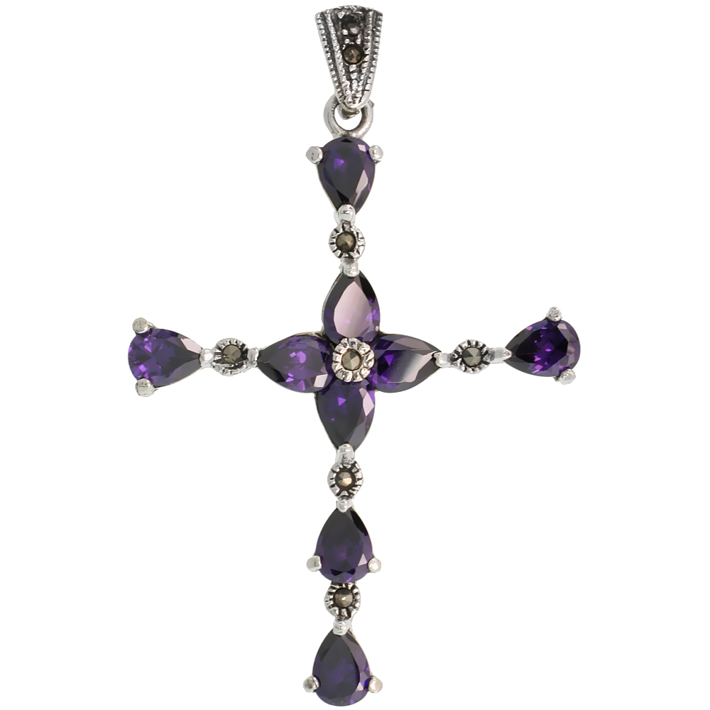 STERLING SILVER MARCASITE FLORAL CROSS PENDANT, W/ PEAR CUT 7X5 MM AMETHYST CZ STONES, 2 1/8" (54 MM) TALL