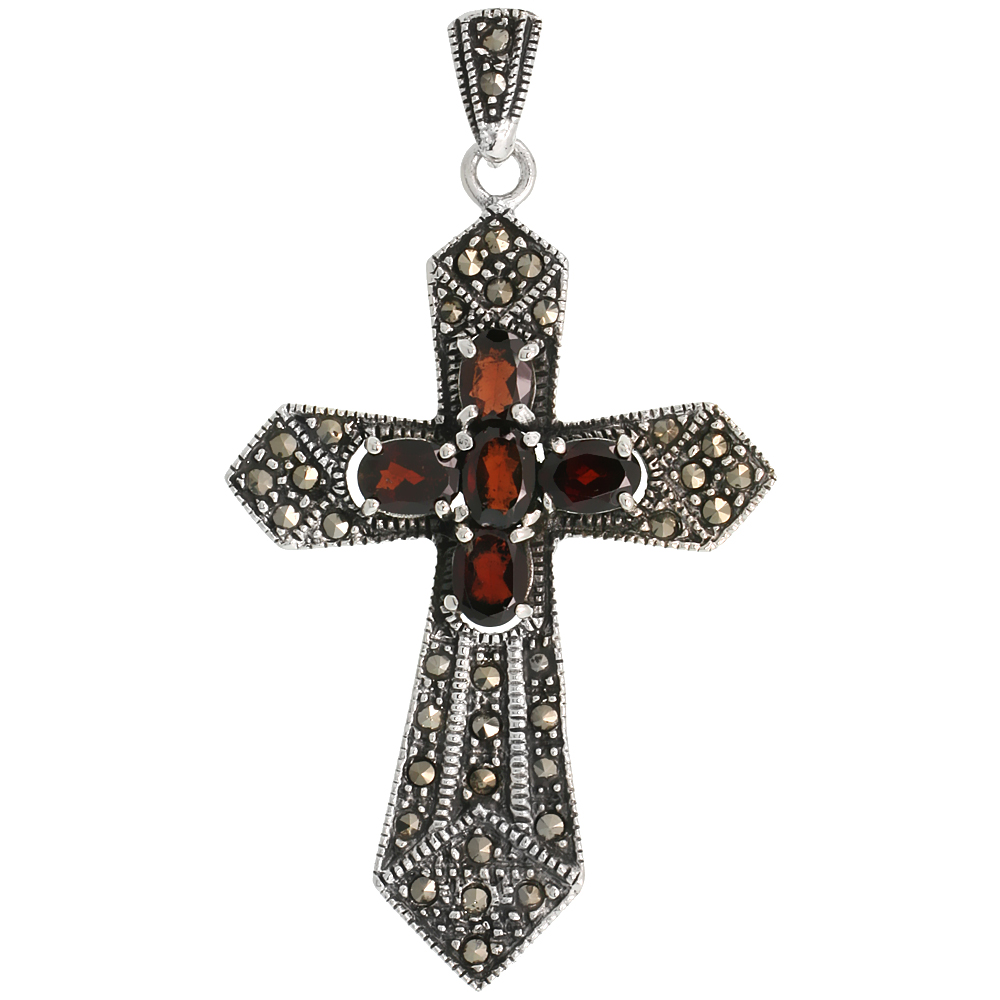 STERLING SILVER MARCASITE SWORD CROSS PENDANT, W/ OVAL CUT 7X5 MM GARNET STONES, 2 3/16" (56 MM) TALL