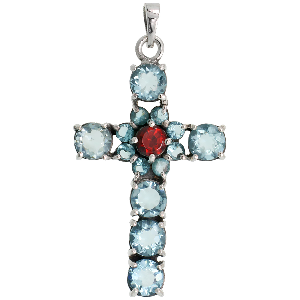 STERLING SILVER MARCASITE FLORAL CROSS PENDANT, W/ BRILLIANT CUT BLUE TOPAZ & GARNET STONES, 2" (50 MM) TALL