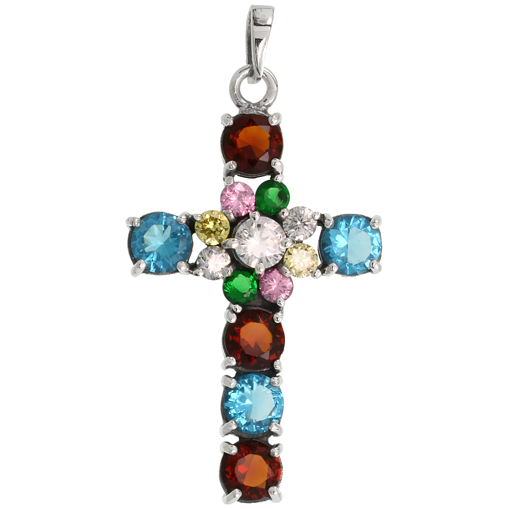STERLING SILVER MARCASITE FLORAL CROSS PENDANT, W/ BRILLIANT CUT MULTI CZ STONES, 2" (50 MM) TALL