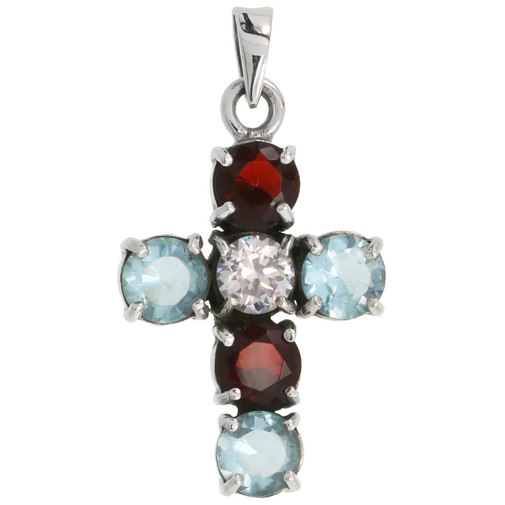 STERLING SILVER MARCASITE CROSS PENDANT, W/ BRILLIANT CUT 7MM MULTI CZ STONES, 1 3/8" (35 MM) TALL
