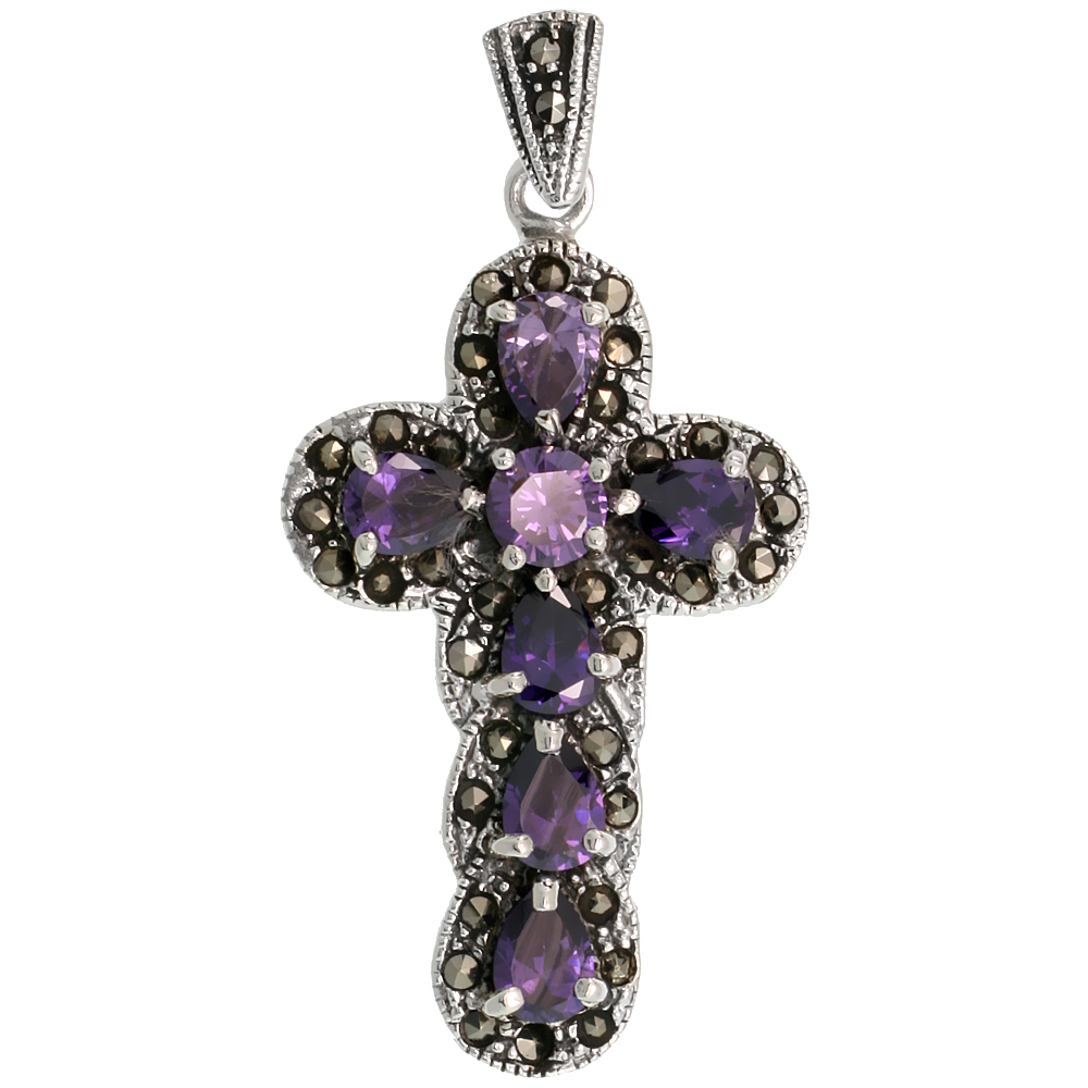 STERLING SILVER MARCASITE CURVY CROSS PENDANT, W/ BRILLIANT & PEAR CUT AMETHYST CZ STONES, 1 3/4" (45 MM) TALL