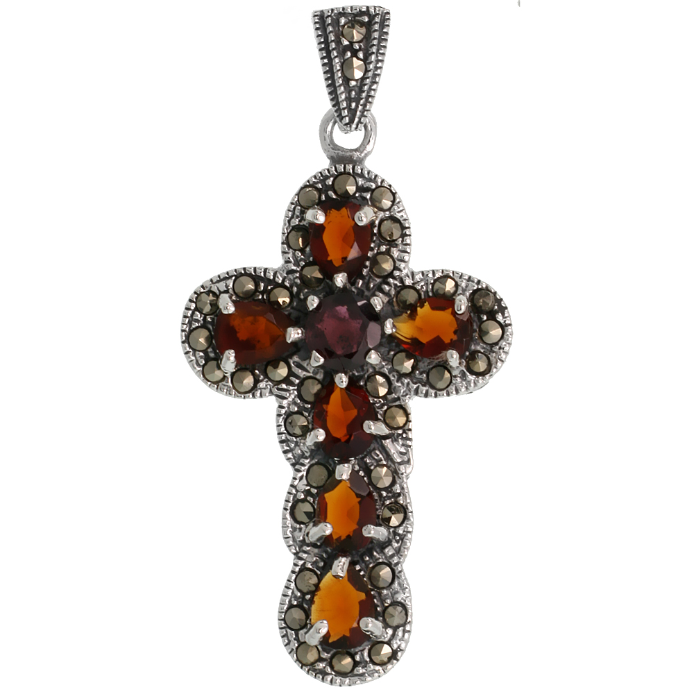 STERLING SILVER MARCASITE CURVY CROSS PENDANT, W/ BRILLIANT & PEAR CUT GARNET STONES, 1 3/4" (45 MM) TALL