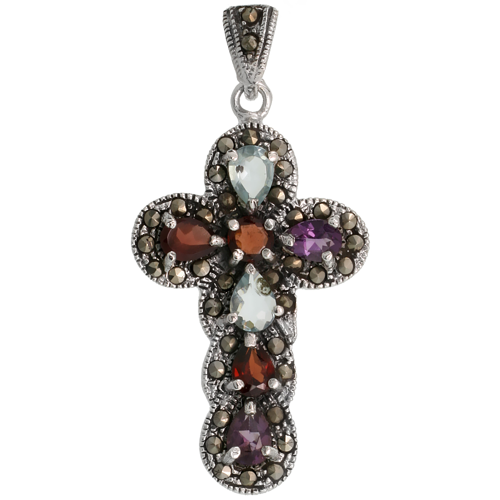 STERLING SILVER MARCASITE CURVY CROSS PENDANT, W/ BRILLIANT & PEAR CUT MULTI CZ STONES, 1 3/4" (45 MM) TALL
