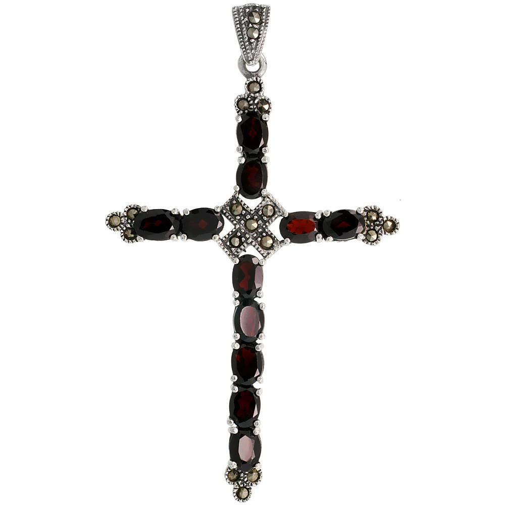 STERLING SILVER MARCASITE CROSS FLEURY PENDANT, W/ OVAL CUT 6X4 MM GARNET STONES, 2 5/8" (67 MM) TALL