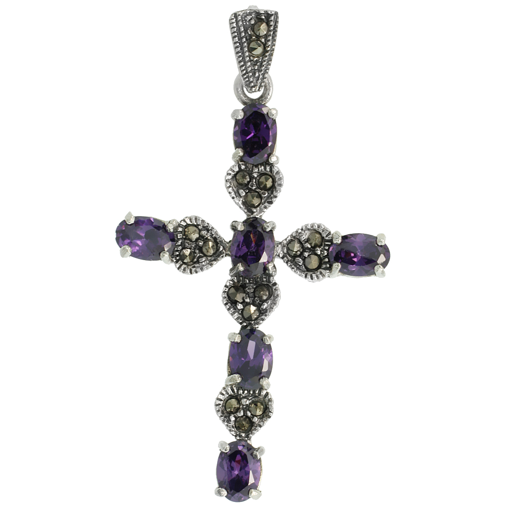 STERLING SILVER MARCASITE HEARTS ON CROSS PENDANT, W/ OVAL CUT 6X4 MM AMETHYST CZ STONES, 1 7/8" (48 MM) TALL