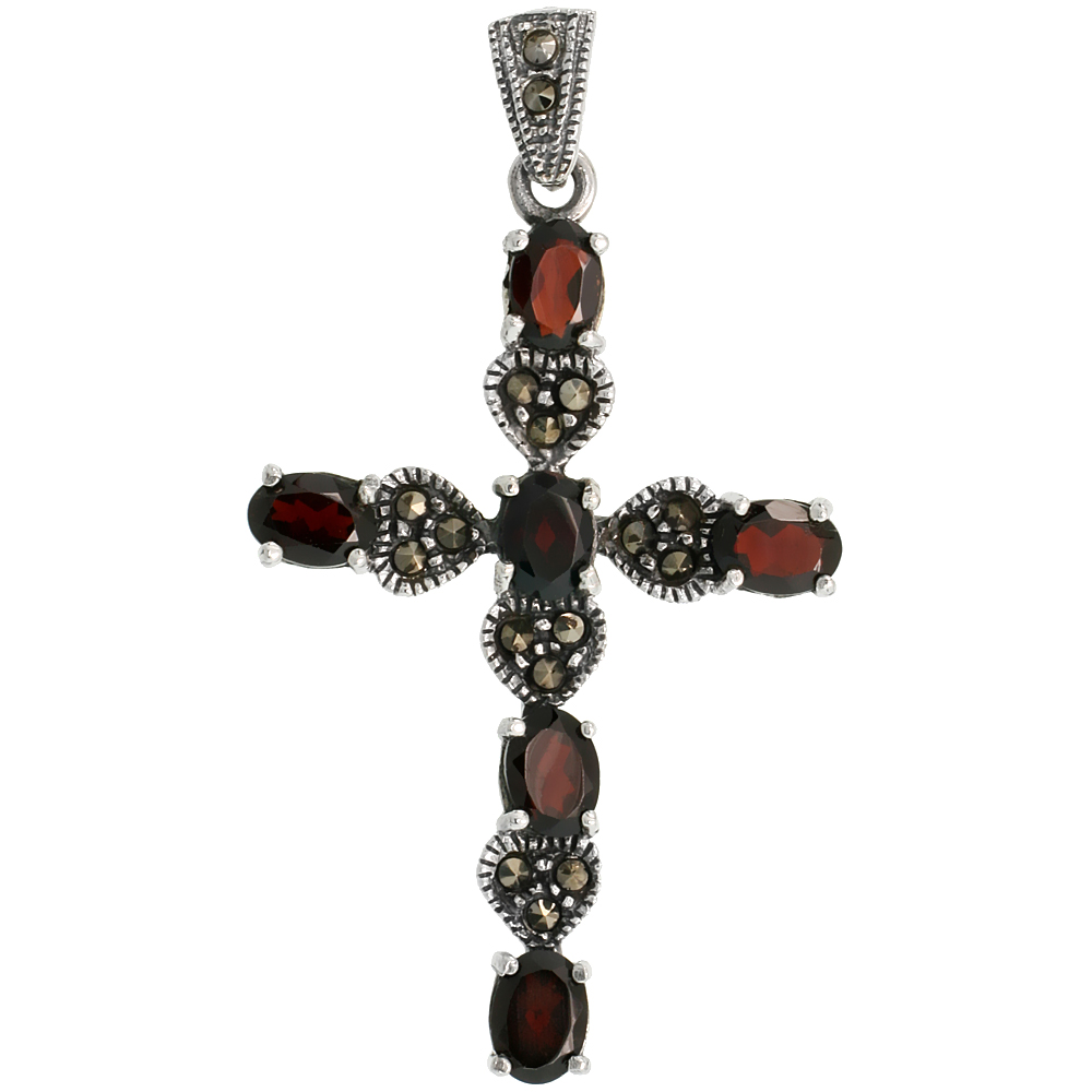 STERLING SILVER MARCASITE HEARTS ON CROSS PENDANT, W/ OVAL CUT 6X4 MM GARNET STONES, 1 7/8" (48 MM) TALL