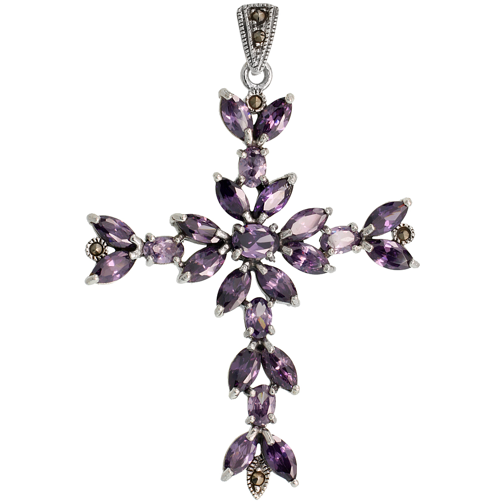 STERLING SILVER MARCASITE FLORAL CROSS PENDANT, W/ OVAL & MARQUISE CUT AMETHYST CZ STONES, 2 1/2" (63 MM) TALL