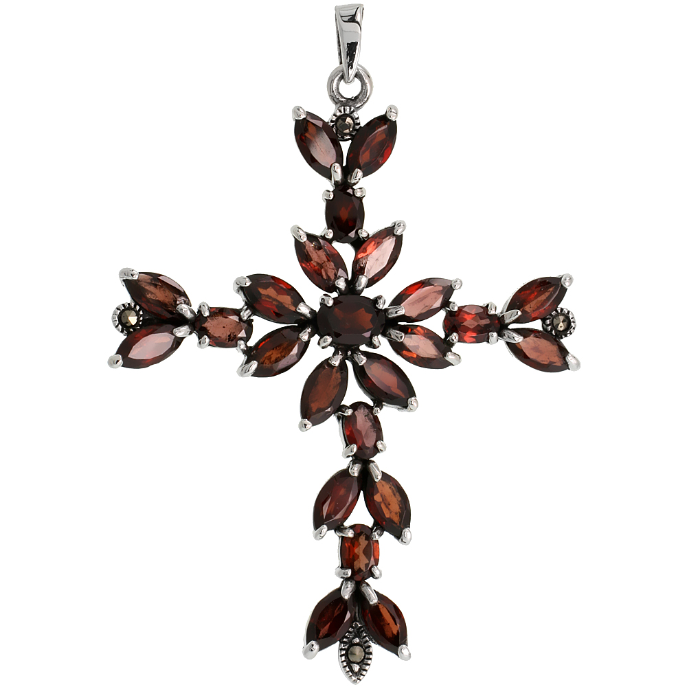 STERLING SILVER MARCASITE FLORAL CROSS PENDANT, W/ OVAL & MARQUISE CUT GARNET STONES, 2 1/2" (63 MM) TALL