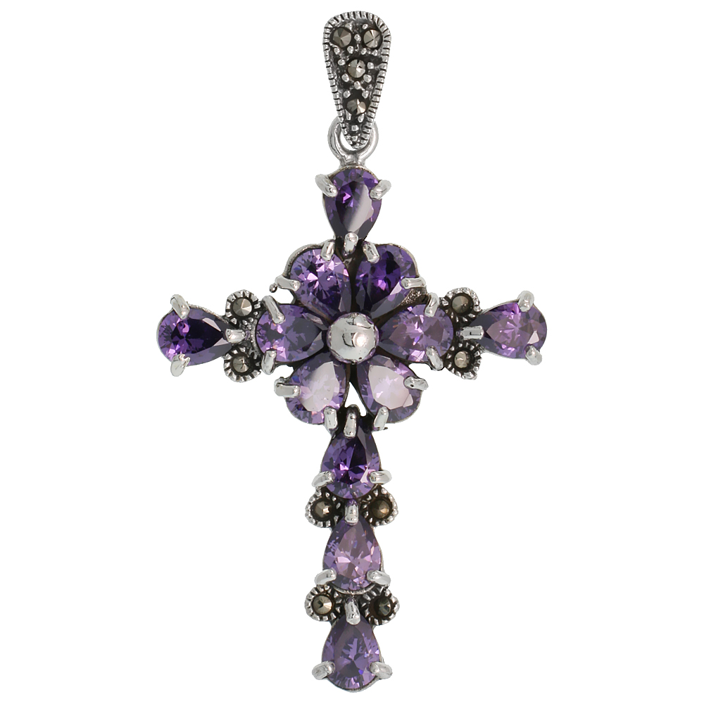 STERLING SILVER MARCASITE FLORAL CROSS PENDANT, W/ PEAR CUT 7X5 MM AMETHYST CZ STONES, 2" (50 MM) TALL