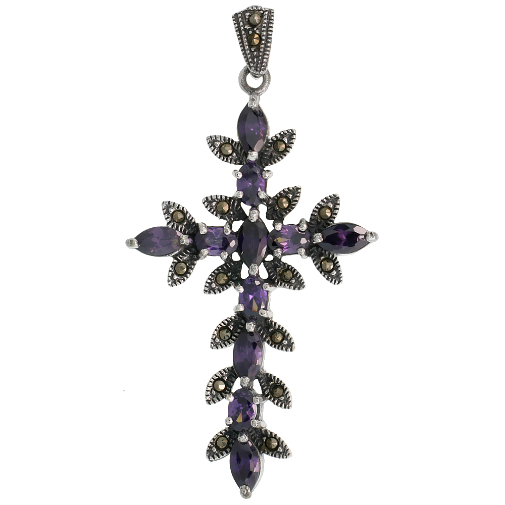STERLING SILVER MARCASITE THORN CROSS PENDANT, W/ MARQUISE & OVAL CUT AMETHYST CZ STONES, 2 1/4" (58 MM) TALL
