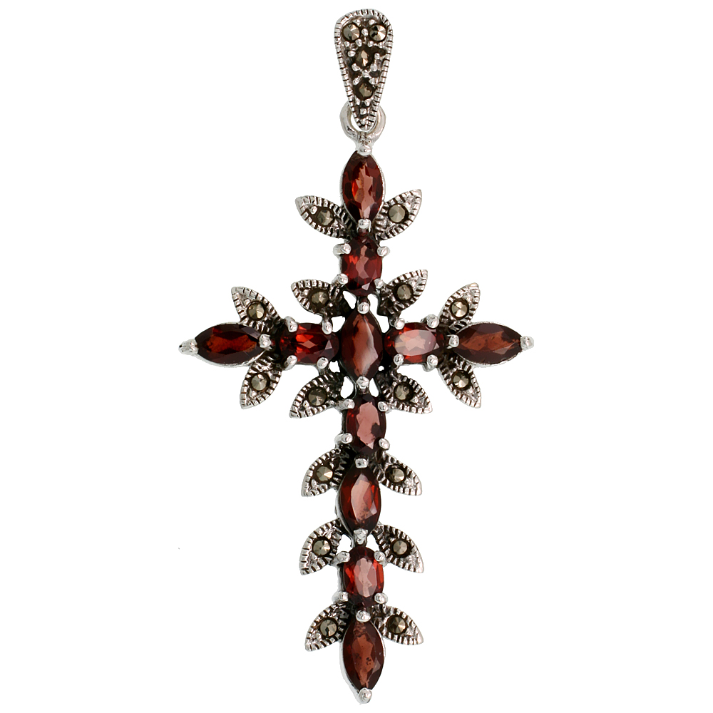 STERLING SILVER MARCASITE THORN CROSS PENDANT, W/ MARQUISE & OVAL CUT GARNET STONES, 2 1/4" (58 MM) TALL