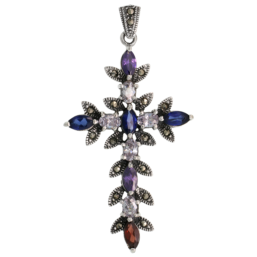 STERLING SILVER MARCASITE THORN CROSS PENDANT, W/ MARQUISE & OVAL CUT MULTI CZ STONES, 2 1/4" (58 MM) TALL