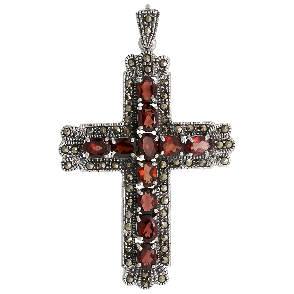 STERLING SILVER MARCASITE CURVY CROSS PENDANT, W/ OVAL CUT 7X5 MM GARNET STONES, 2 9/16" (66 MM) TALL