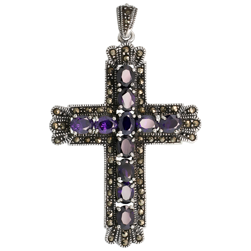 STERLING SILVER MARCASITE CURVY CROSS PENDANT, W/ OVAL CUT 7X5 MM AMETHYST CZ STONES, 2 9/16" (66 MM) TALL
