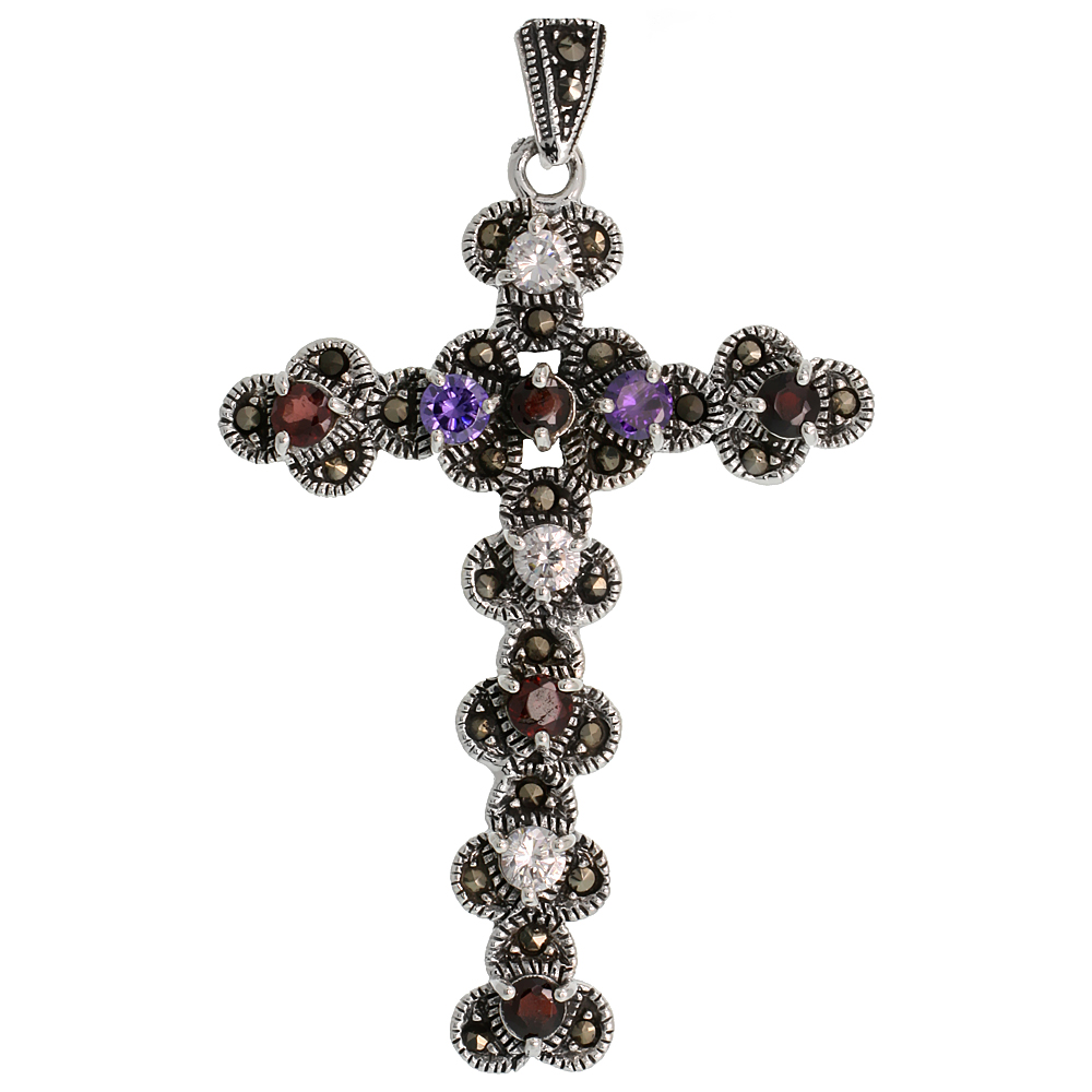 STERLING SILVER MARCASITE FLORAL CROSS PENDANT, W/ BRILLIANT CUT 3 MM MULTI CZ STONES, 2 1/2" (64 MM) TALL