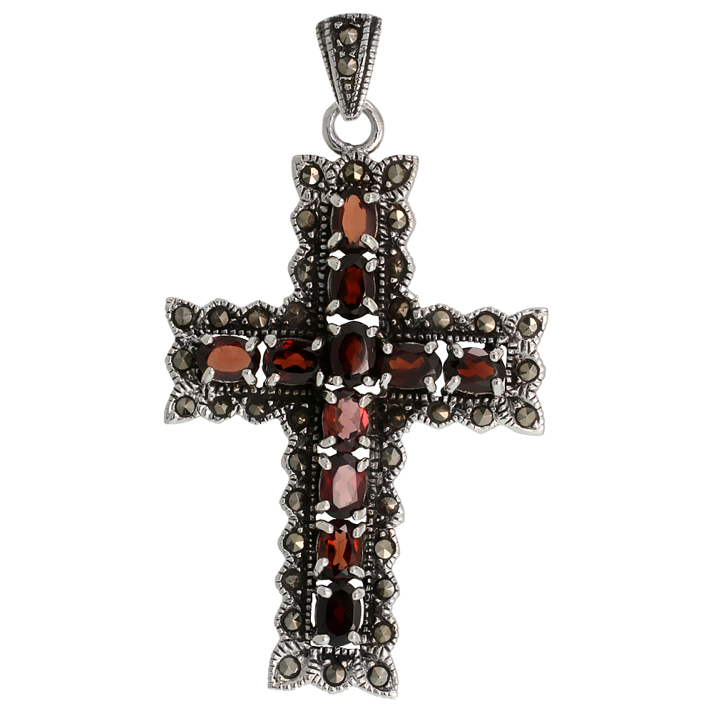 STERLING SILVER MARCASITE CURVY CROSS PENDANT, W/ OVAL CUT 6X4 MM GARNET STONES, 2 3/16" (55 MM) TALL