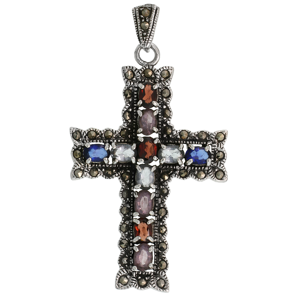 STERLING SILVER MARCASITE CURVY CROSS PENDANT, W/ OVAL CUT 6X4 MM MULTI CZ STONES, 2 3/16" (55 MM) TALL