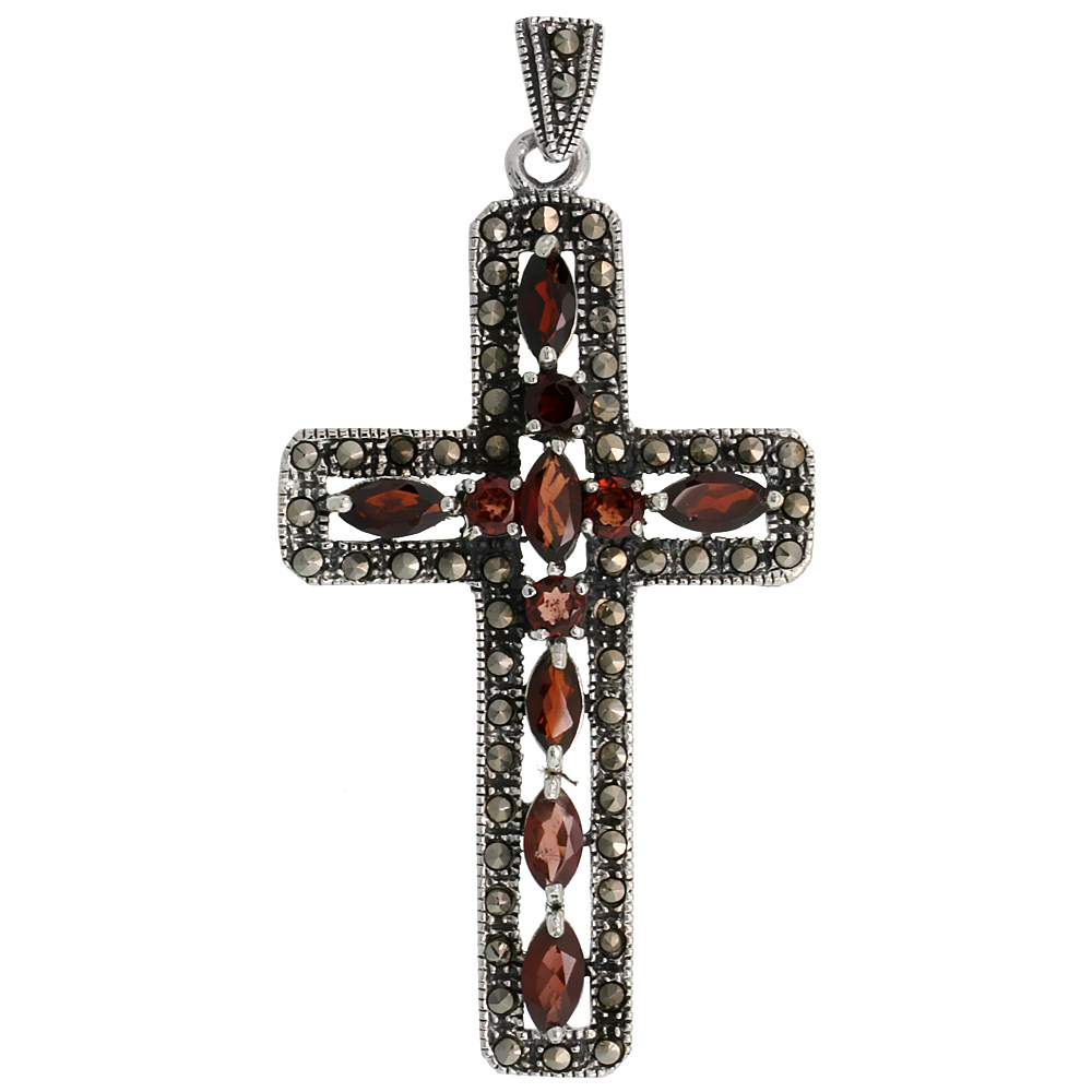 STERLING SILVER MARCASITE LATIN CROSS PENDANT, W/ BRILLIANT & MARQUISE CUT GARNET STONES, 2 1/2" (63 MM) TALL