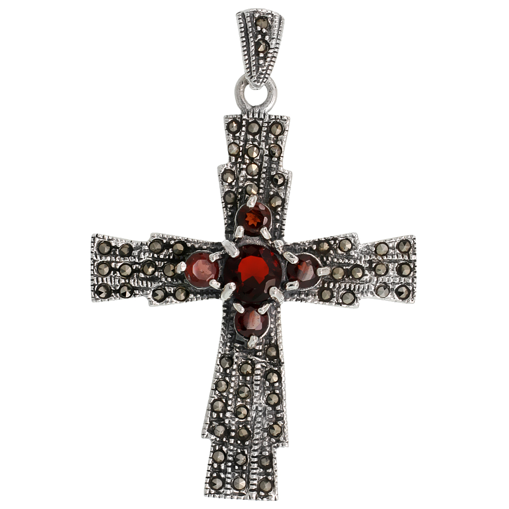 STERLING SILVER MARCASITE FANCY CROSS PENDANT, W/ BRILLIANT CUT GARNET STONES, 2" (51 MM) TALL