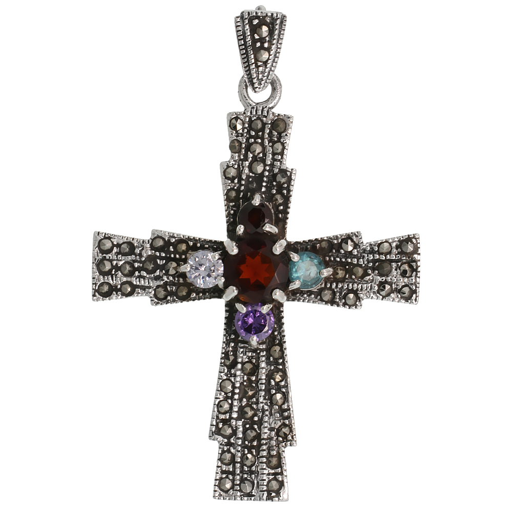 STERLING SILVER MARCASITE FANCY CROSS PENDANT, W/ BRILLIANT CUT MULTI CZ STONES, 2" (51 MM) TALL