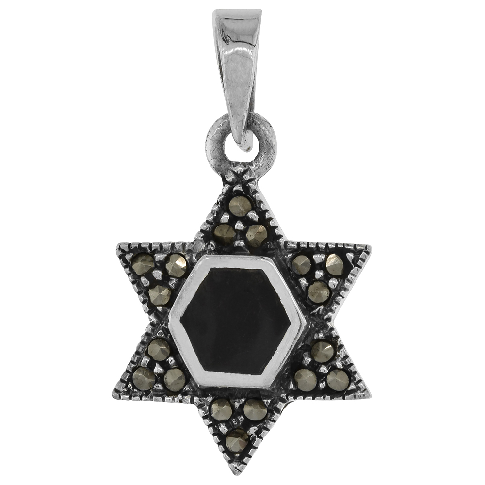 STERLING SILVER MARCASITE STAR OF DAVID PENDANT BLACK, 21/32 INCH WIDE