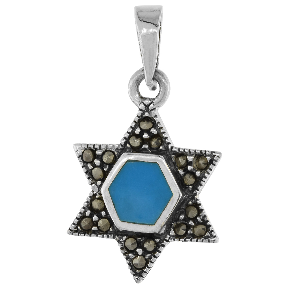 STERLING SILVER MARCASITE STAR OF DAVID PENDANT BLUE, 21/32 INCH WIDE