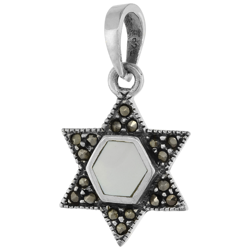 STERLING SILVER MARCASITE STAR OF DAVID PENDANT WHITE, 21/32 INCH WIDE