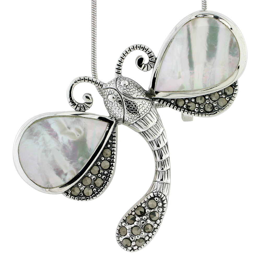 MARCASITE DRAGONFLY PENDANT IN STERLING SILVER, W/ PEAR-SHAPED MOTHER OF PEARL, 3/4" (19 MM) TALL