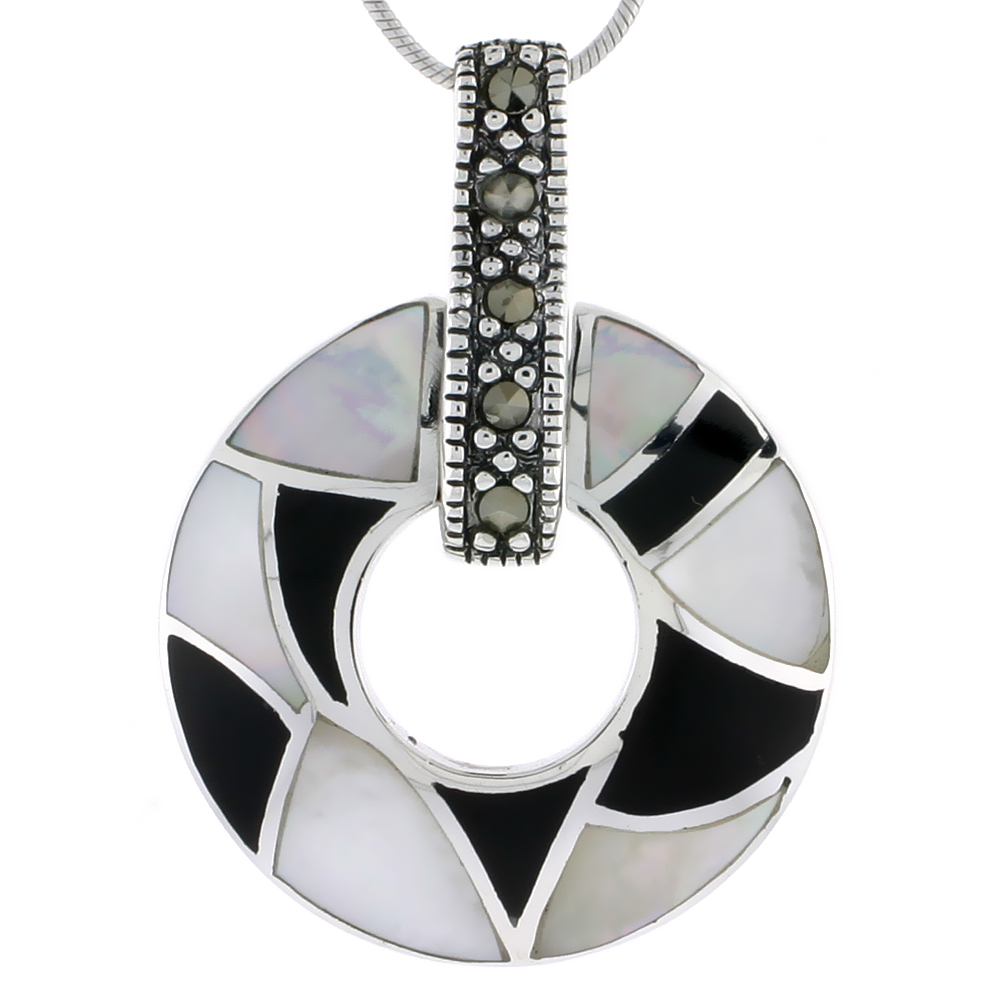 MARCASITE DOUGHNUT PENDANT IN STERLING SILVER, W/ MOTHER OF PEARL & BLACK ONYX, 1 1/2" (38 MM) TALL