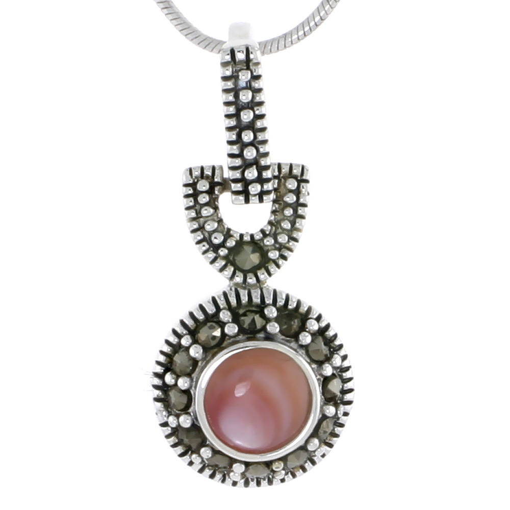 MARCASITE PENDANT IN STERLING SILVER, W/ PINK MOTHER OF PEARL, 1" (26 MM) TALL