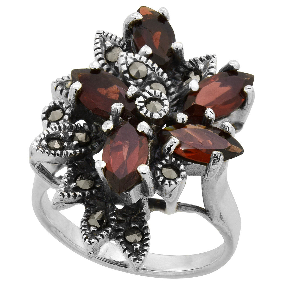 STERLING SILVER MARCASITE FLOWER RING, W/ NATURAL GARNET, 1" (26 MM) WIDE