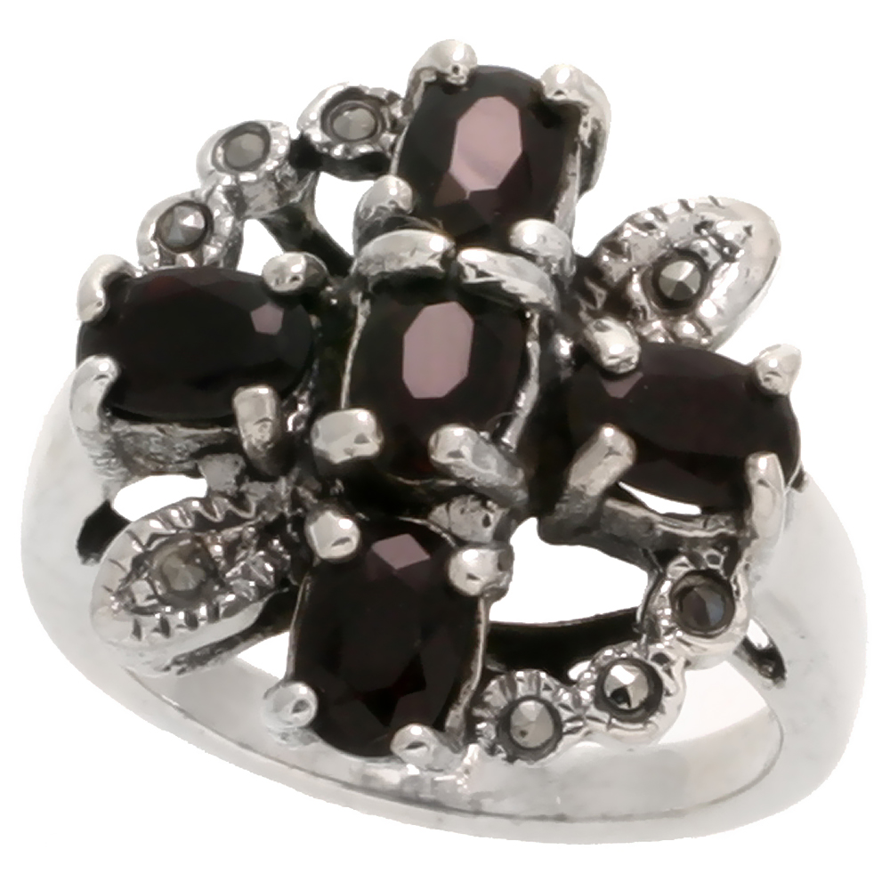 STERLING SILVER MARCASITE CROSS & WREATH RING, W/ OVAL CUT NATURAL GARNET, 3/4" (19 MM) WIDE