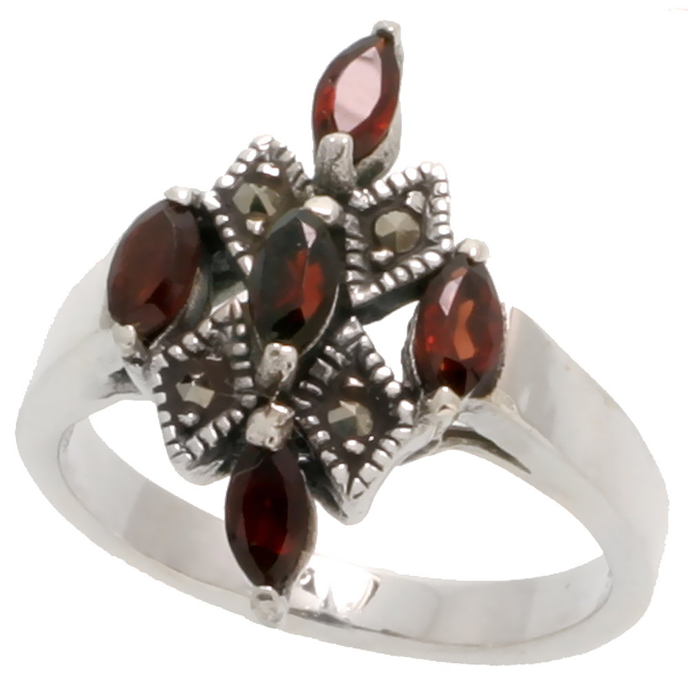 STERLING SILVER MARCASITE CROSS RING, W/ NATURAL GARNET, 1" (25 MM) WIDE