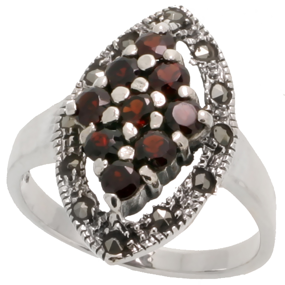 STERLING SILVER MARCASITE MARQUISE-SHAPED RING, W/ BRILLIANT CUT NATURAL GARNET, 13/16" (21 MM) WIDE