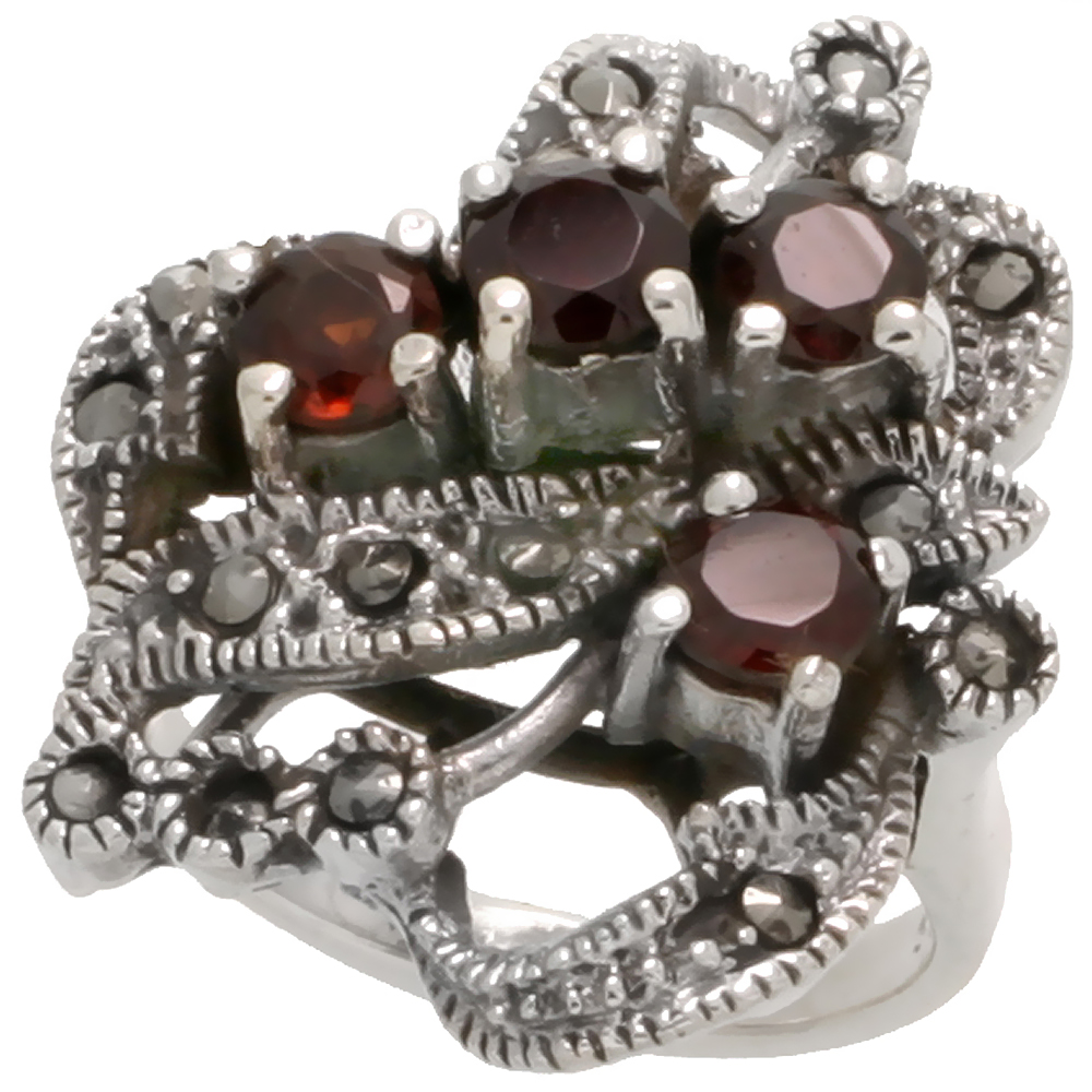 STERLING SILVER MARCASITE FLORAL RING, W/ BRILLIANT CUT NATURAL GARNET, 15/16" (24 MM) WIDE