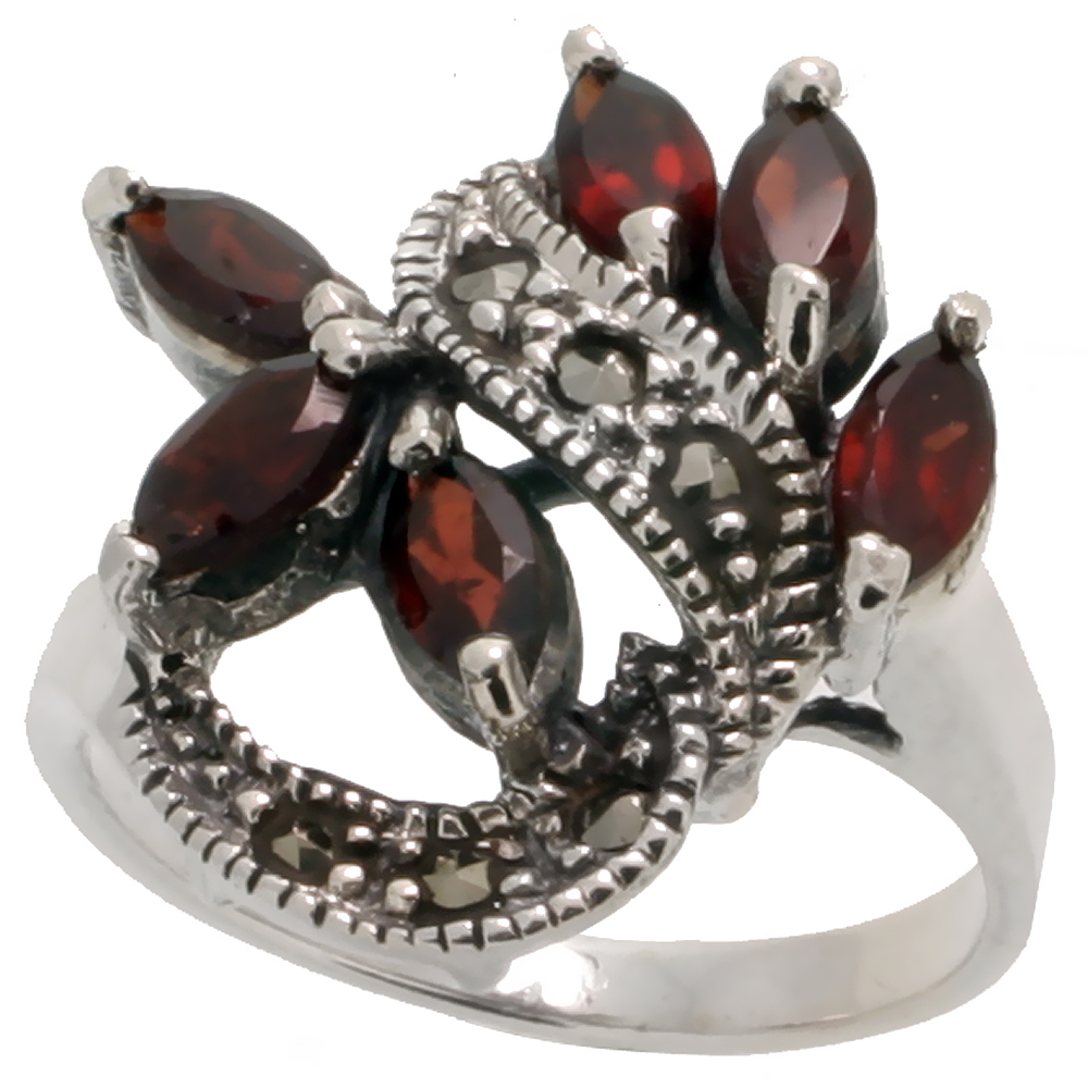 STERLING SILVER MARCASITE SWIRL RING, W/ NATURAL GARNET, 7/8" (22 MM) WIDE