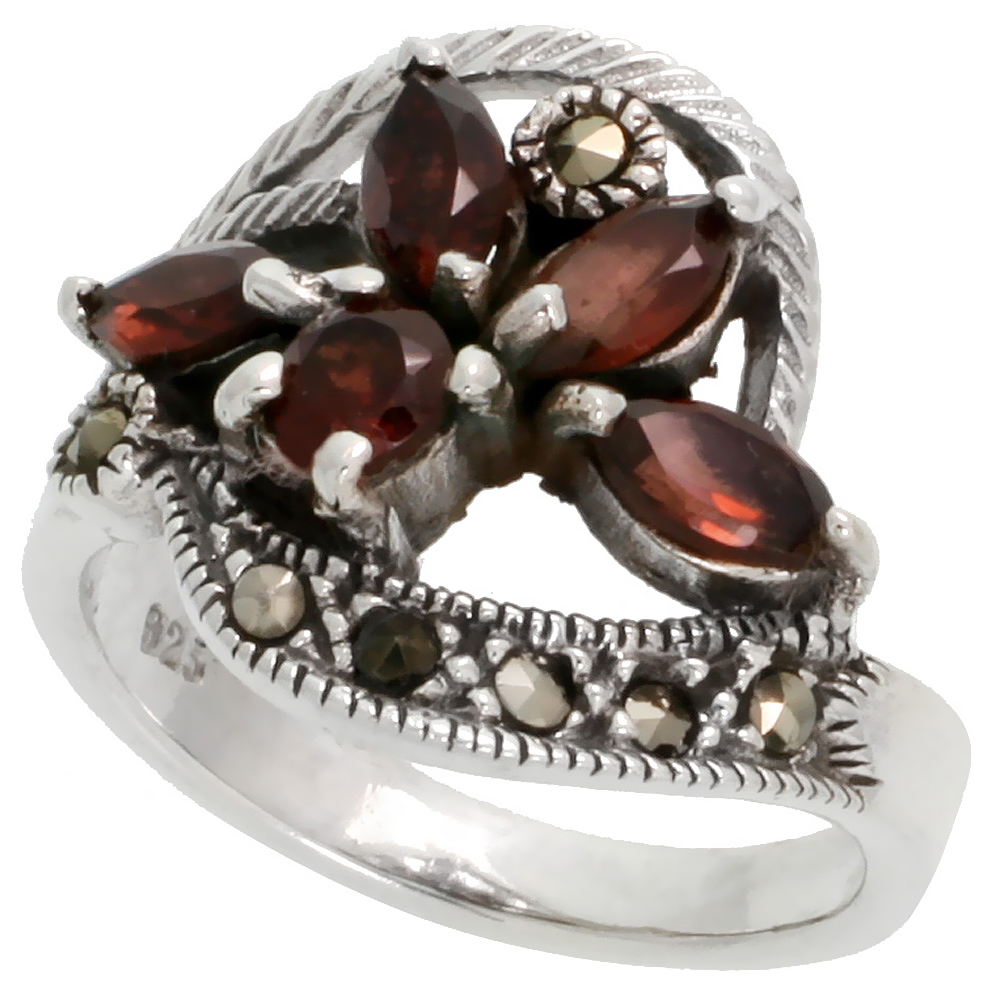 STERLING SILVER MARCASITE SWIRL RING, W/ BRILLIANT & NATURAL GARNET, 3/4" (19 MM) WIDE