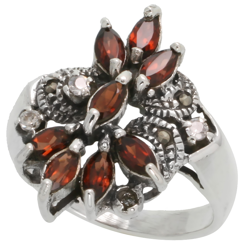 STERLING SILVER MARCASITE FLOWER RING, W/ NATURAL GARNET & CLEAR CZ STONES, 15/16" (24 MM) WIDE