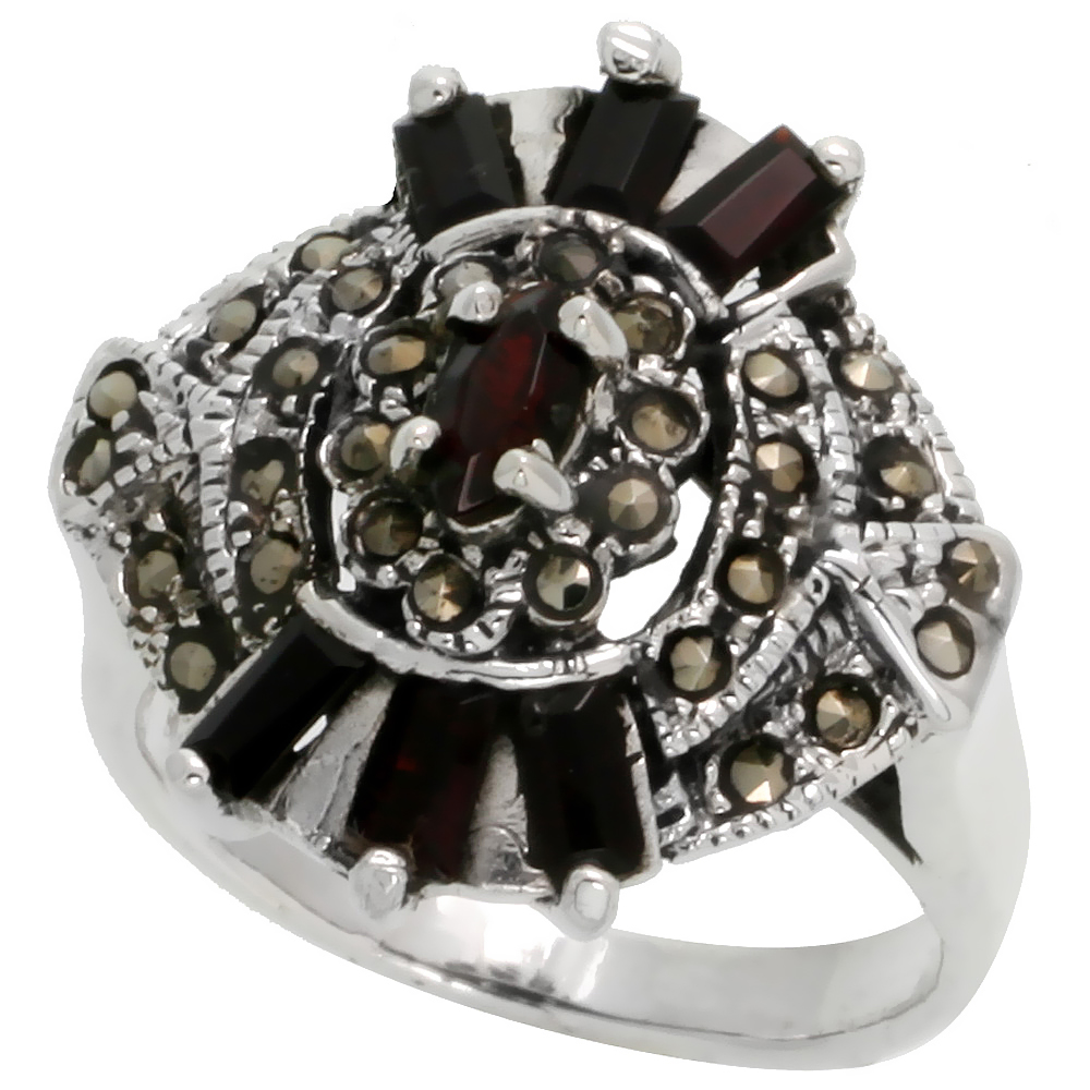 STERLING SILVER MARCASITE OVAL-SHAPED RING, W/ BAGUETTE NATURAL GARNET, 15/16" (24 MM) WIDE