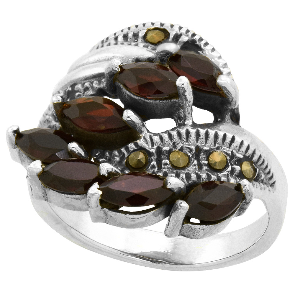 STERLING SILVER MARCASITE FREEFORM RING, W/ NATURAL GARNET, 13/16" (21 MM) WIDE