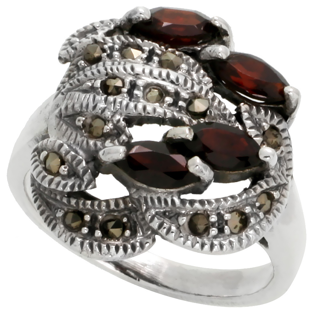 STERLING SILVER MARCASITE FREEFORM RING, W/ NATURAL GARNET, 3/4" (19 MM) WIDE
