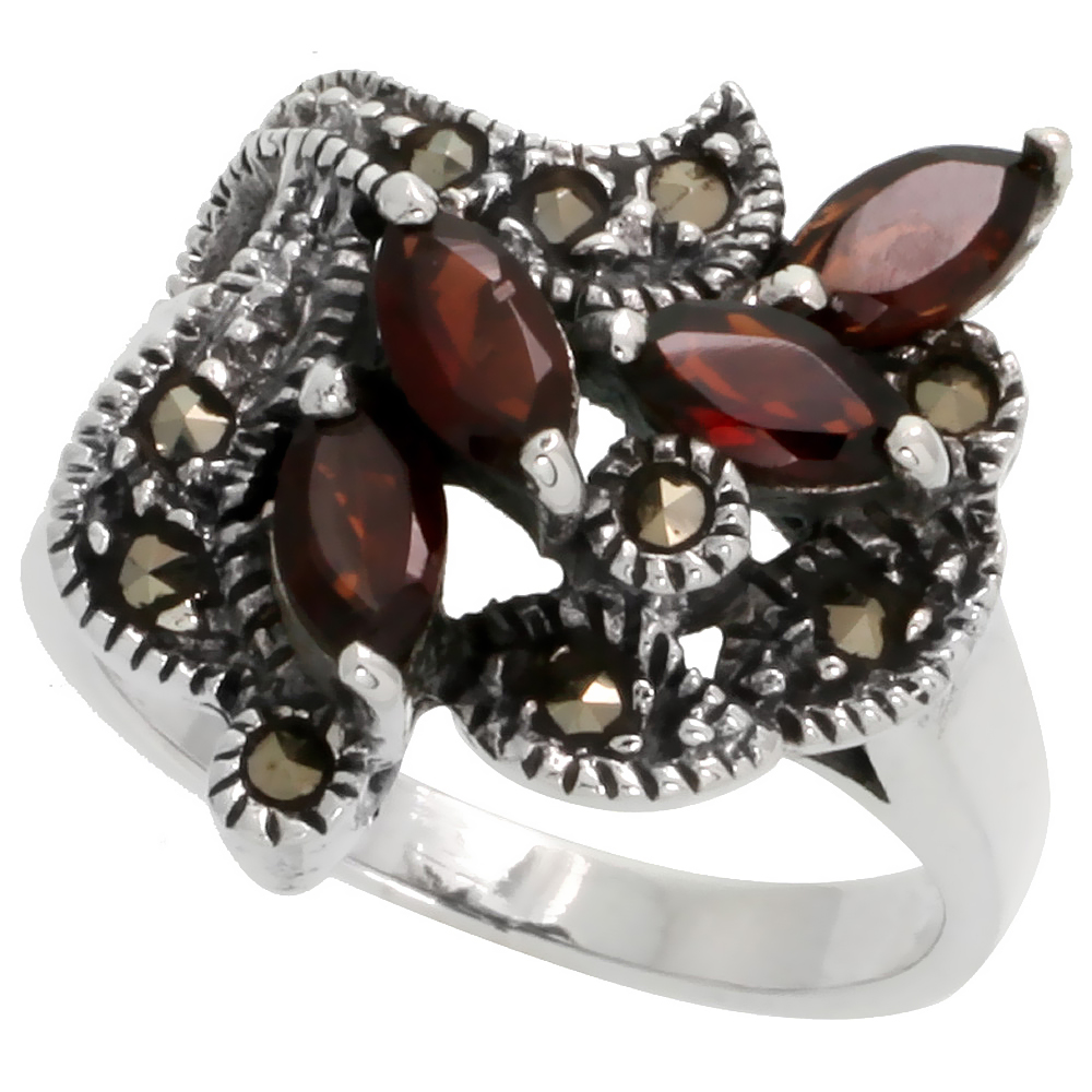 STERLING SILVER MARCASITE FREEFORM RING, W/ NATURAL GARNET, 7/8" (22 MM) WIDE