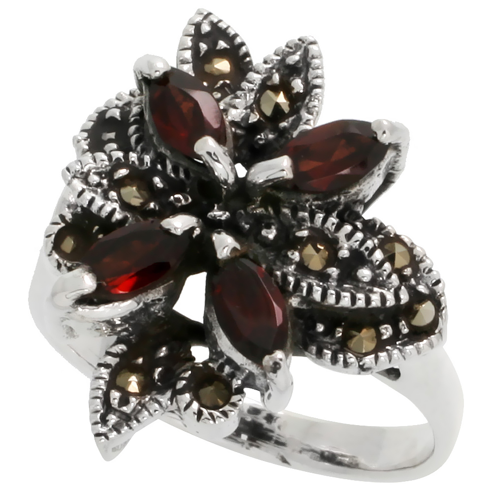 STERLING SILVER MARCASITE FLOWER RING, W/ NATURAL GARNET, 15/16" (23 MM) WIDE